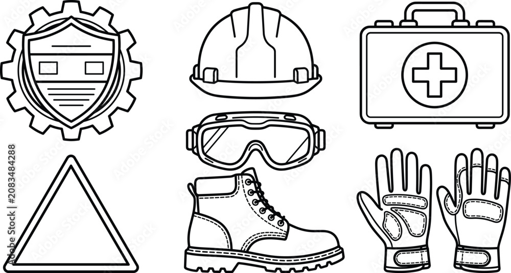 Fototapeta premium Industrial personal protective equipment ppe icons set with safety helmet goggles boots and gloves vector line art
