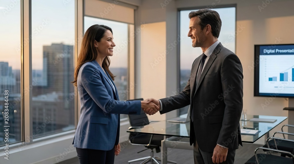 Fototapeta premium Business professionals shaking hands in modern office