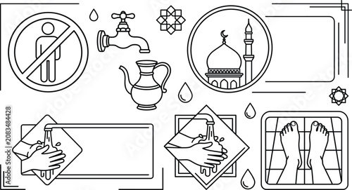 Photography Islamic wudu ablution guide icons set with mosque washing hands feet and water t