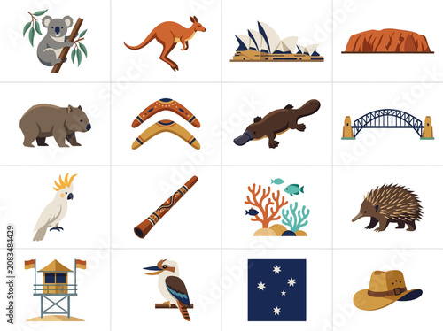 Obraz na plátně Australia Icons Set - Wildlife, Landmarks, and Cultural Symbols in Flat Design
