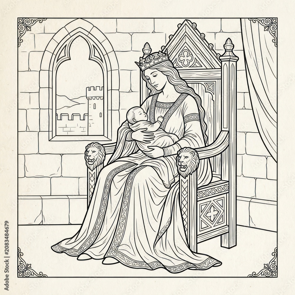 Fototapeta premium A regal woman in a crown sits on a throne holding a baby, set against a medieval stone wall backdrop with a gothic window