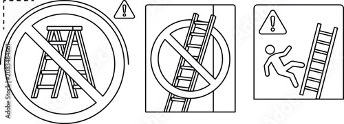 Photos Ladder safety and workplace hazard instruction icon set with prohibition restric