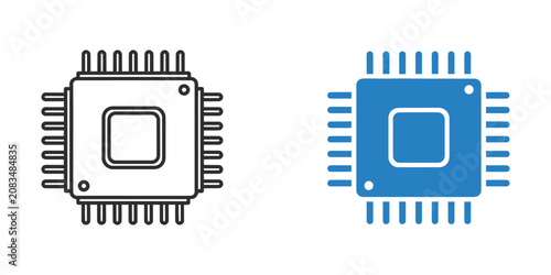 Cpu processor chip in outline and blue solid style for computer hardware and microchip technology concepts