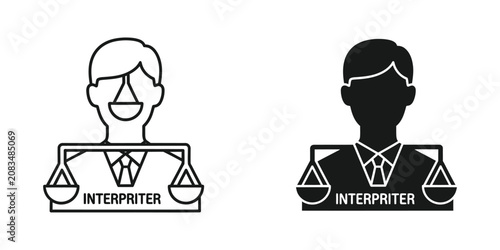 Fotografía Legal interpreter set featuring scales of justice and human silhouette in linear