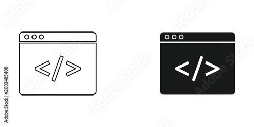 Web browser window with programming code brackets symbol in minimalist outline and solid black styles