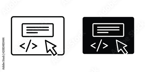 Web development interface with code brackets and cursor arrow in outline and solid black styles