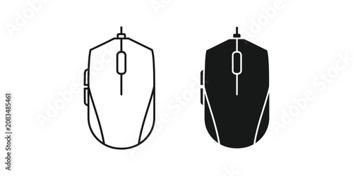 Wired computer mouse in outline and solid black style for gaming and office hardware interface set peripheral