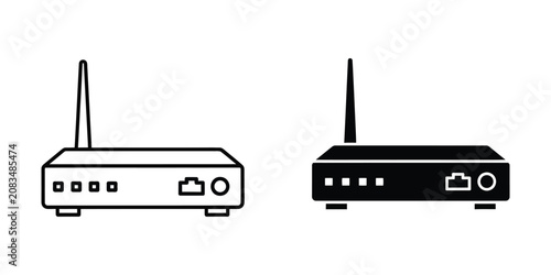 Wireless internet router set in outline and solid black styles for network connectivity and digital hardware