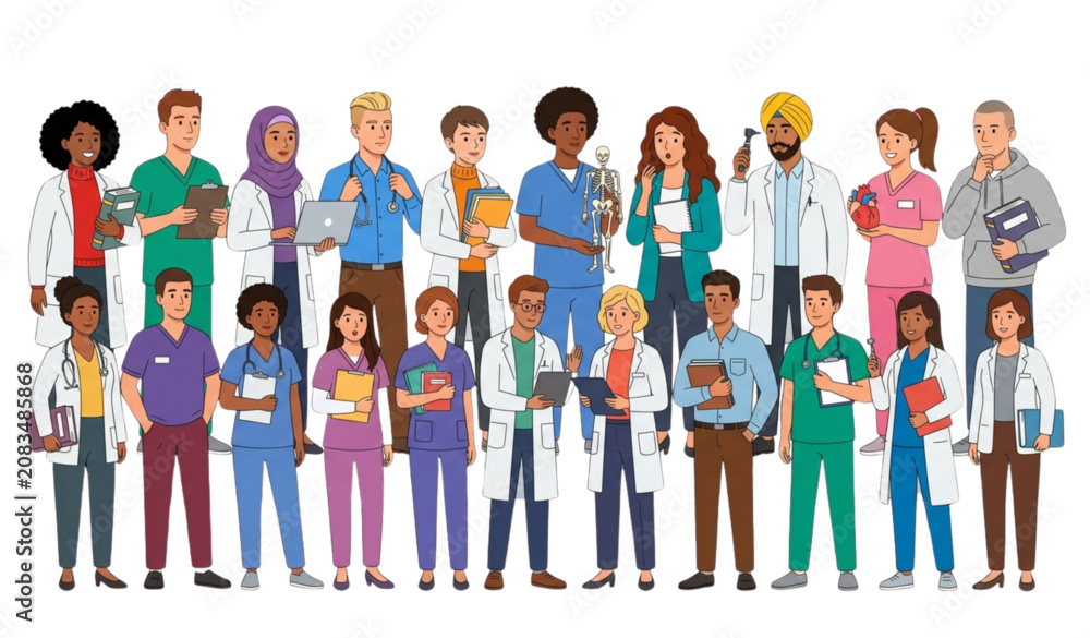 Obraz premium Diverse Medical College Students Standing Together Flat Vector Character Collection