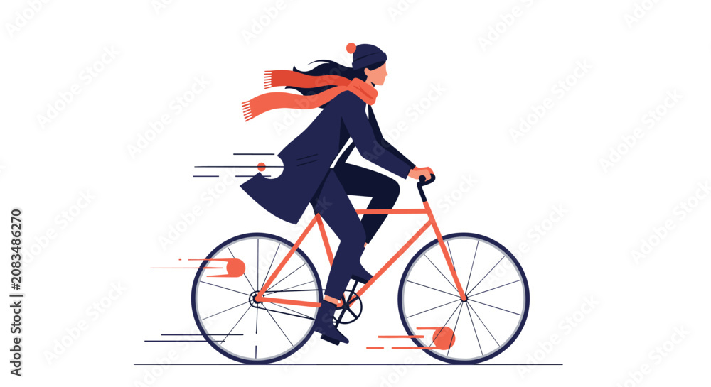 Obraz premium Active young businesswoman wearing a warm coat and orange scarf rides her bicycle quickly through the city streets.