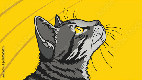 Принти на полотні A close up profile view of a grey tabby cat looking upwards with intense yellow