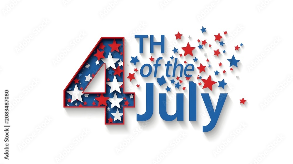 Obraz premium Happy 4th of July logo for Independence Day USA background - 4th of July celebration holiday text made from flying confetti stars - vector illustration