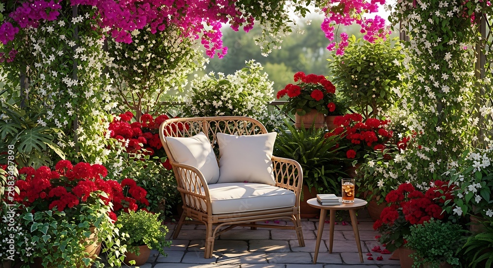 Fototapeta premium A serene and vibrant garden patio featuring a comfortable wicker chair surrounded by an abundance of colorful pink and red bougainvillea and lush green foliage.