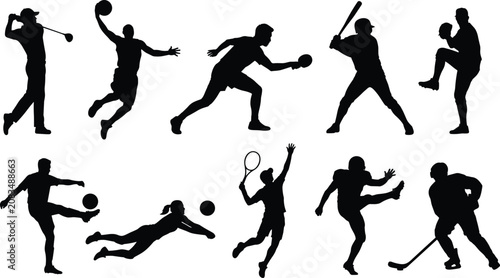 Photos dynamic sports athletes silhouette collection vector illustration featuring golf