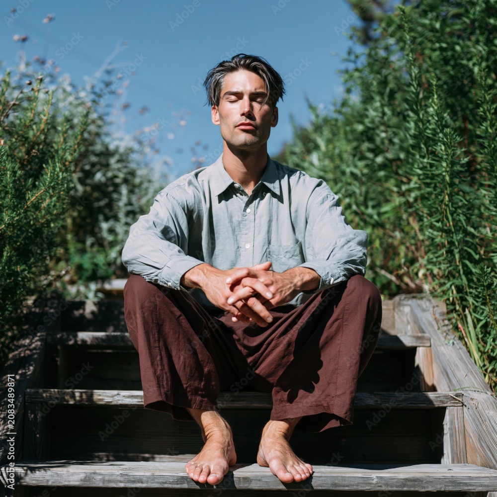 Obraz premium Young man meditating outdoors on wooden steps in green garden for mindfulness background and wellness poster design