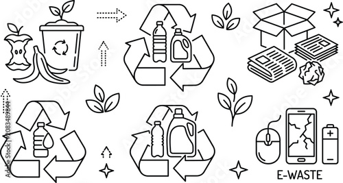 Tableau sur toile Waste segregation and eco recycling icons set with plastic bottles e-waste organ