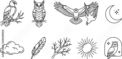 Fényképezés A collection of minimal line art icons featuring owls birds celestial bodies and