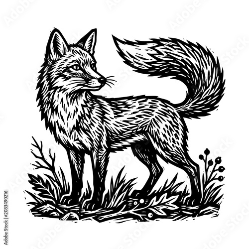 фотографія A detailed illustration of a fox standing in grassy underbrush with plants and leaves