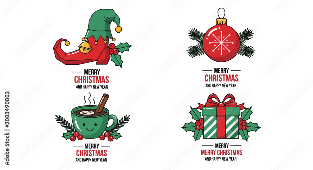 Fototapeta premium Set of four vintage Christmas badges with festive icons and seasonal text.