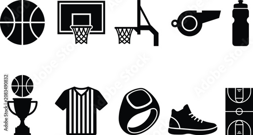 basketball sport solid glyph icon set vector illustration featuring ball hoop whistle water bottle championship trophy referee jersey ring sneaker and court layout
