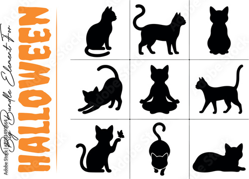 Black cat silhouette grid vector icon set. Nine stylized panels featuring a cat meditating in a lotus yoga pose, stretching, playing with a butterfly, and walking isolated on white.