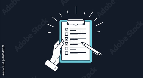 Human hand holding a pen and marking checkboxes on a clipboard checklist over a dark background with light rays.