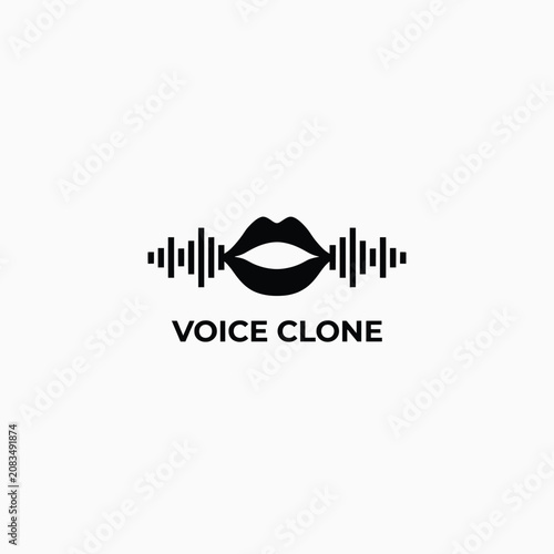 Schilderij op canvas Voice clone graphic with lips and sound waves a black silhouette on a white back
