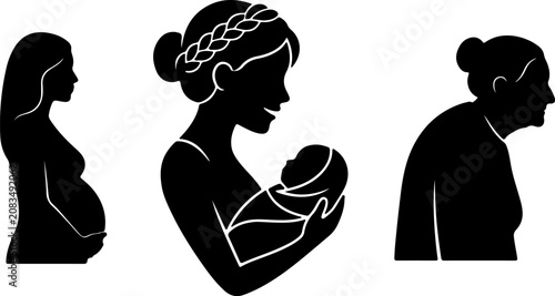 Konstfotografi Three generations of indigenous women and midwife vector silhouette