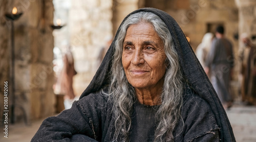 Elderly ancient woman Anna the prophetess with contemplative gaze wearing headscarf in ancient stone setting for religious studies, spiritual guidance, and historical content