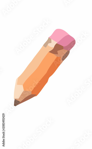 Isometric Low Poly Wooden Pencil Illustration with Pink Eraser for School and Office Supplies