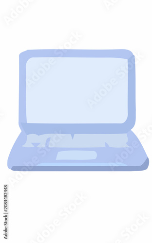A digital illustration of an open laptop computer with a light blue screen and keyboard, rendered in a flat design style with simple shapes and solid colors