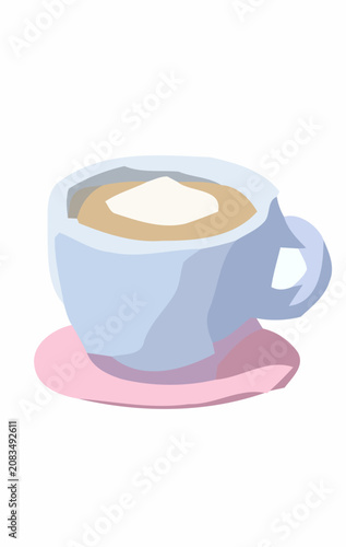 Minimalist illustration of a warm cup of coffee with whipped cream on a pink saucer