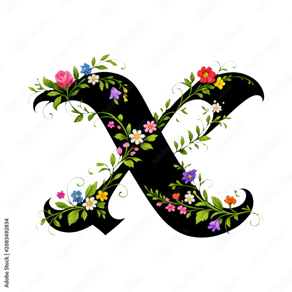 Obraz premium PNG Floral decorative letter X illustration.