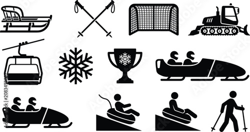 Photography winter sports and activities black silhouette icon set vector illustration featu