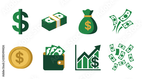 Foto Green money icons on white background.