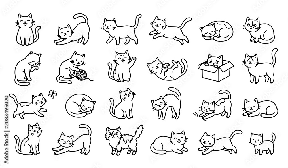 Obraz premium Black and White Hand Drawn Cat Doodle Collection with Cute Cartoon Pet Outline Vector Set