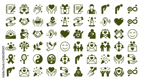 Foto Kindness and empathy icons collection in green solid style for charity and social support