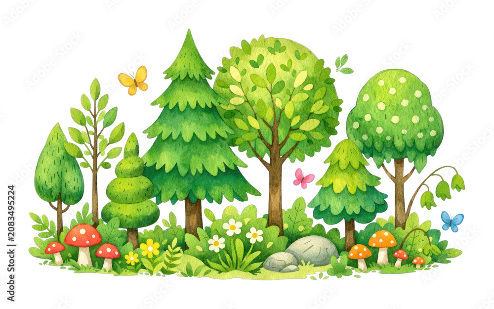 Fototapeta premium PNG Whimsical forest with colorful butterflies.