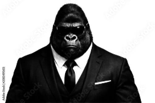 Photography Powerful Gorilla in a Business Suit and Sunglasses, Halftone Dotted Vector Illus