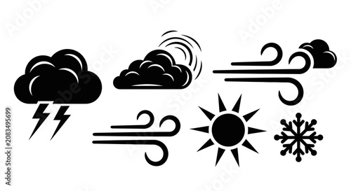 Fotografie Weather forecast icons set including clouds wind sun lightning and snowflake for