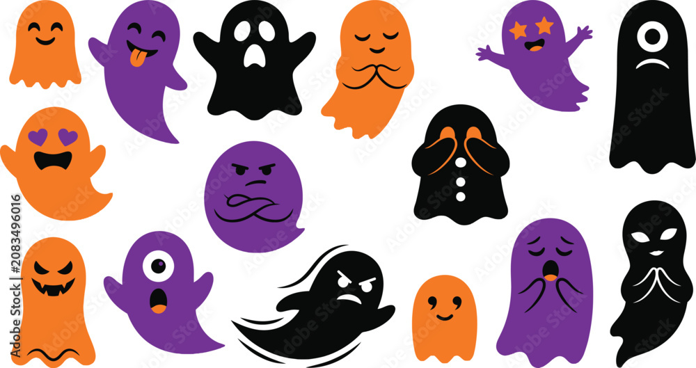 Obraz premium Colorful halloween ghost characters collection spooky cute vector illustrations for seasonal designs