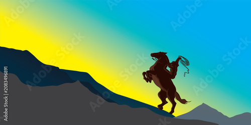 Fotografie Wild Horse Silhouette on Mountain Landscape at Sunrise Vector Illustration