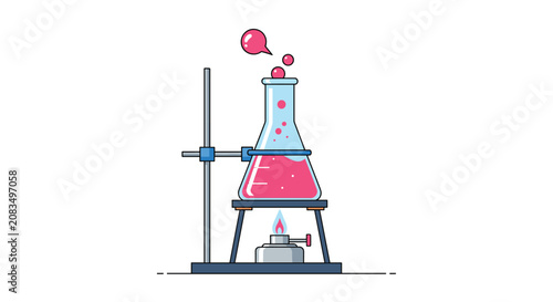Laboratory glass flask filled with bubbling pink liquid being heated by a burner flame during a chemistry experiment.