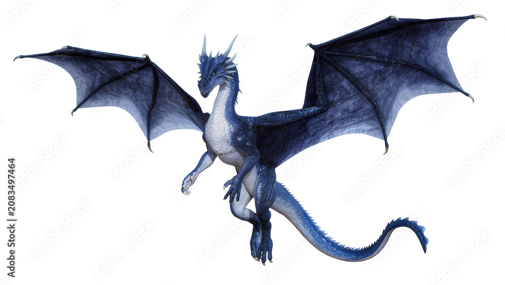 Fototapeta premium Blue scaled dragon with large wings spread