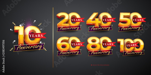 Luxury Golden Anniversary Years Collection 10 20 40 50 60 80 100 Editable Vector Badge Set