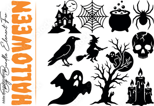 Gothic horror Halloween silhouette vector compilation pack. High contrast design elements featuring a haunted house mansion, giant crow, spooky tree with ghost, melting candles, and skull.
