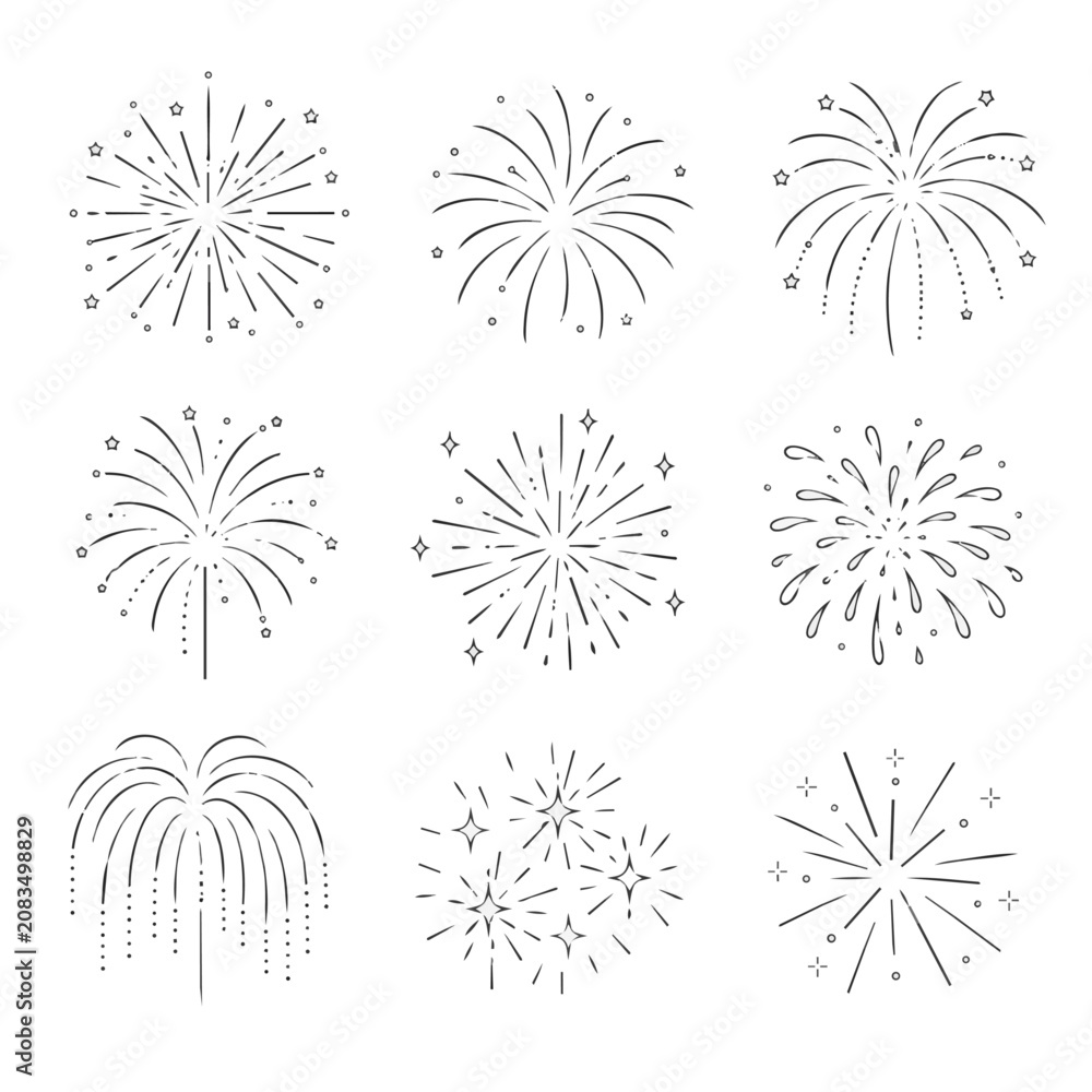 Obraz premium 花火のシンプルラインアート（線画）ベクターアイコンセット