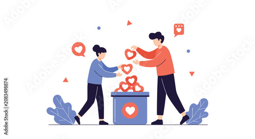 Young man and woman happily collecting red heart icons into a large blue container, representing love, charity, or likes.