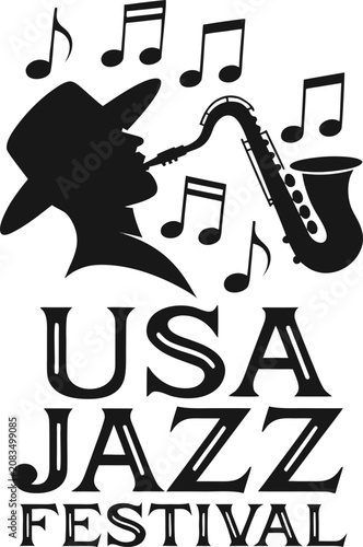 Photography Jazz festival, music icon, saxophone player, USA jazz event, black silhouette lo