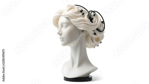 Modern sculpture of a female head with stylized white hair and black geometric accessories isolated on white background